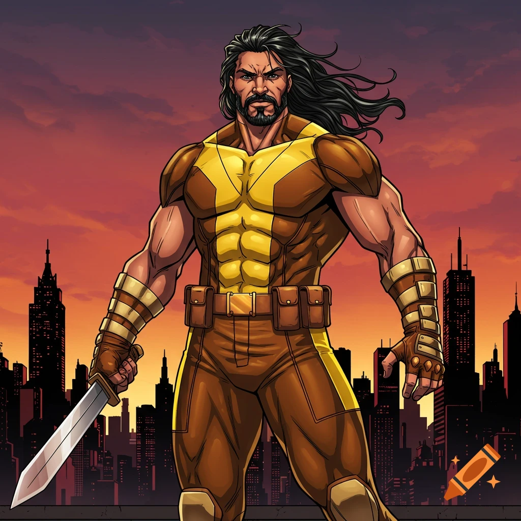 A muscular Hispanic superhero with a beard and long flowing hair, wearing a brown and yellow suit, holding a sword against a city skyline at sunset in comic book style.