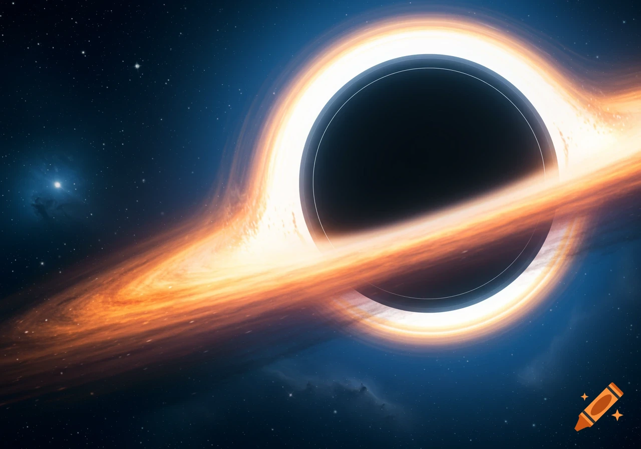 A black hole with a bright orange and white accretion disk glows against a star-filled dark blue cosmic background.