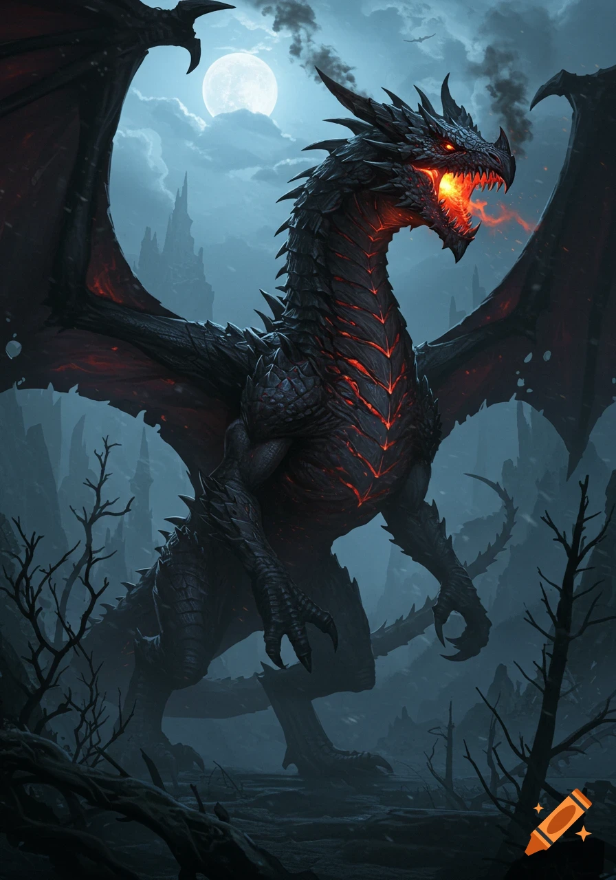 Menacing black dragon with glowing red scales and eyes breathes fire under a full moon in a desolate, dark fantasy landscape.