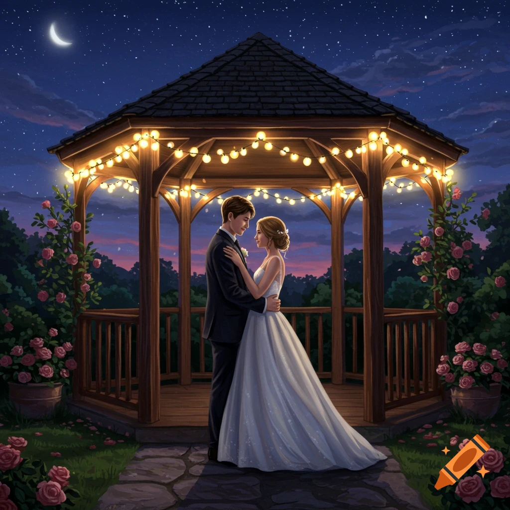 An illustrated bride and groom embrace lovingly under a string-lit gazebo at night, surrounded by pink roses.