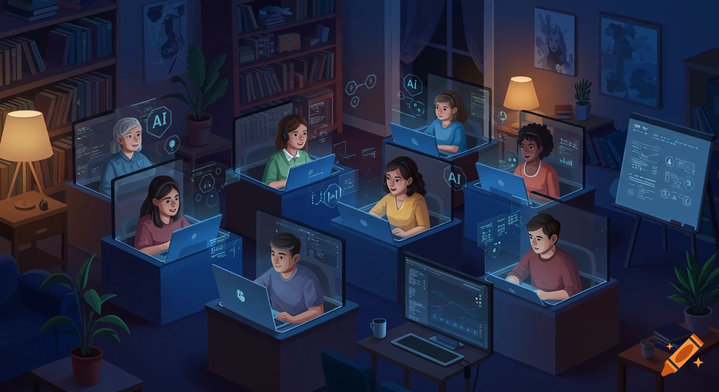 An isometric illustration of diverse people sitting in booths with laptops and transparent screens displaying AI data, in a library-like room.
