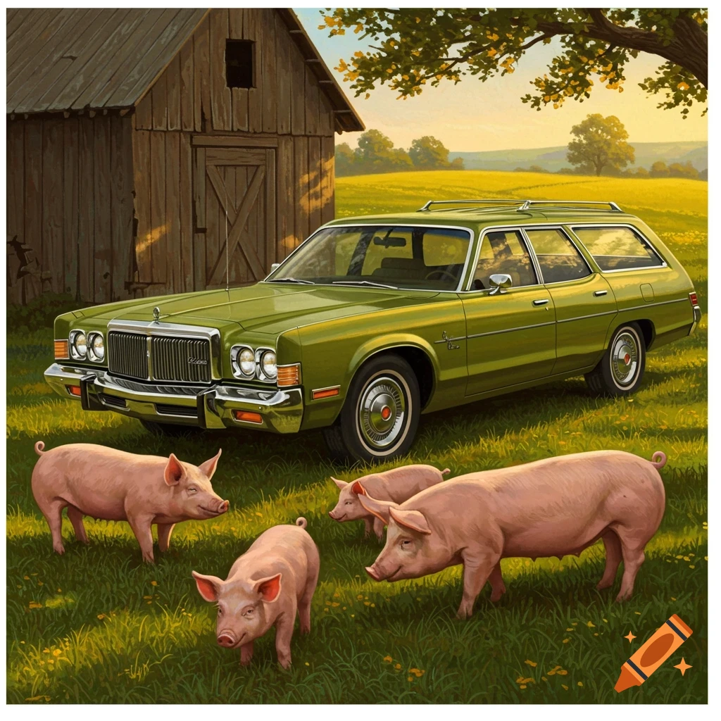 A green vintage station wagon parked in a grassy field with several pink pigs, a wooden barn, and trees under a warm sunset sky.