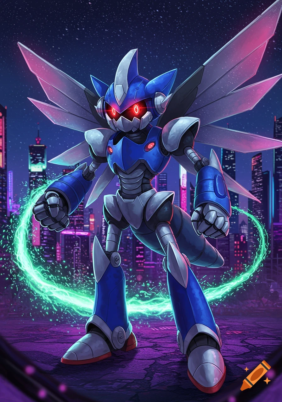 A blue and silver robot with red eyes and wings stands in a neon-lit futuristic city, glowing green energy around its fist.