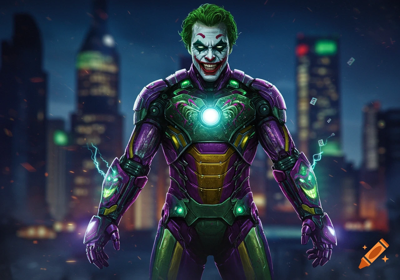 The Joker in a purple and green Iron Man-style suit with a glowing arc reactor, standing in a dark city at night.
