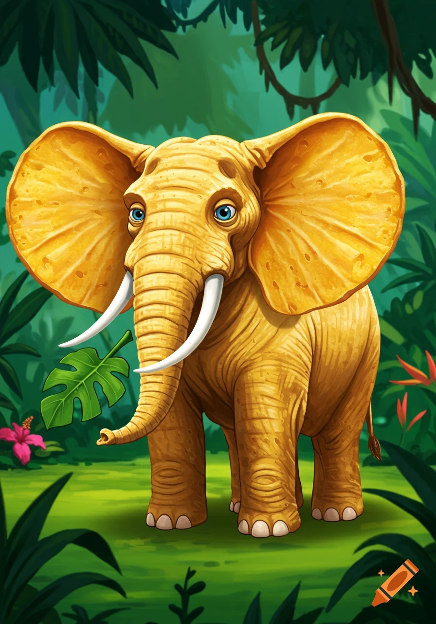 A golden yellow, cartoon elephant with textured skin like a potato chip stands in a lush green jungle.