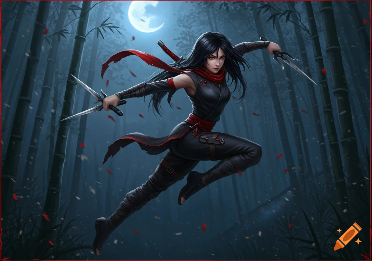 A female ninja in black and red, leaping with daggers in a dark bamboo forest under a full moon, digital art.