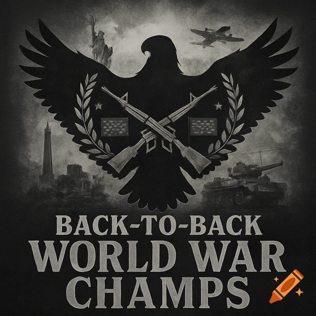 Grayscale emblem with a soaring eagle, crossed rifles, tank, plane, Statue of Liberty, and lighthouse. Text reads "BACK-TO-BACK WORLD WAR CHAMPS".
