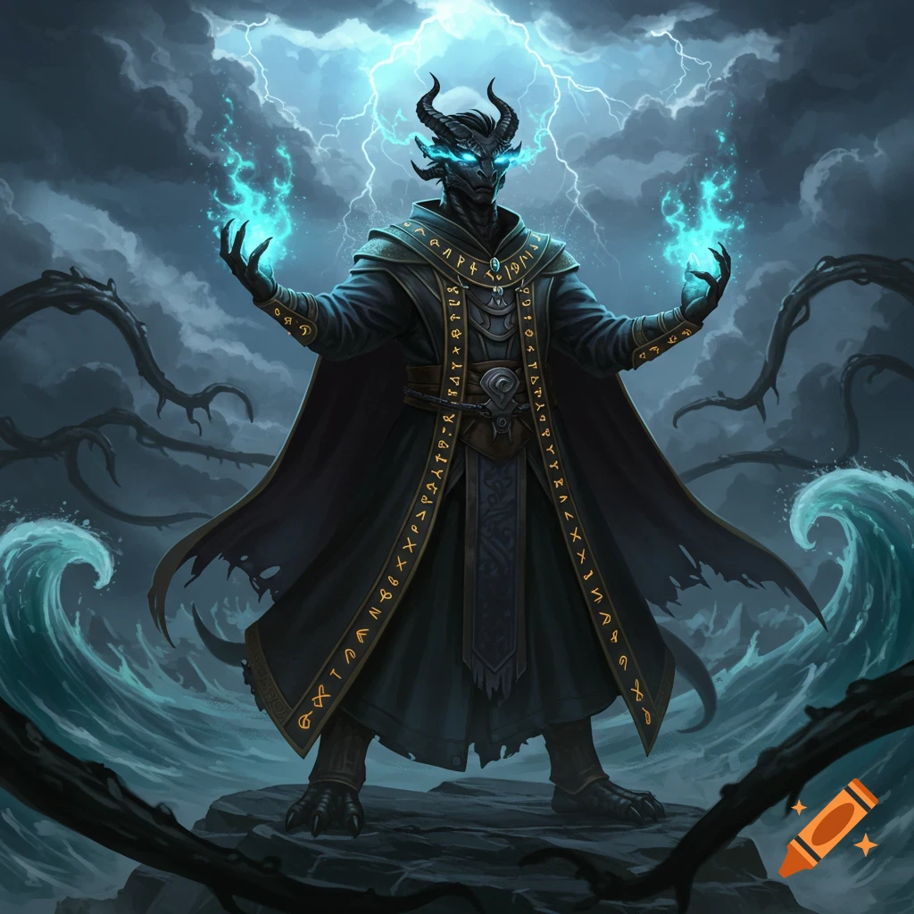 A black dragonborn sorcerer stands on rocks amidst stormy seas, casting bright blue magic from their hands as lightning flashes overhead.