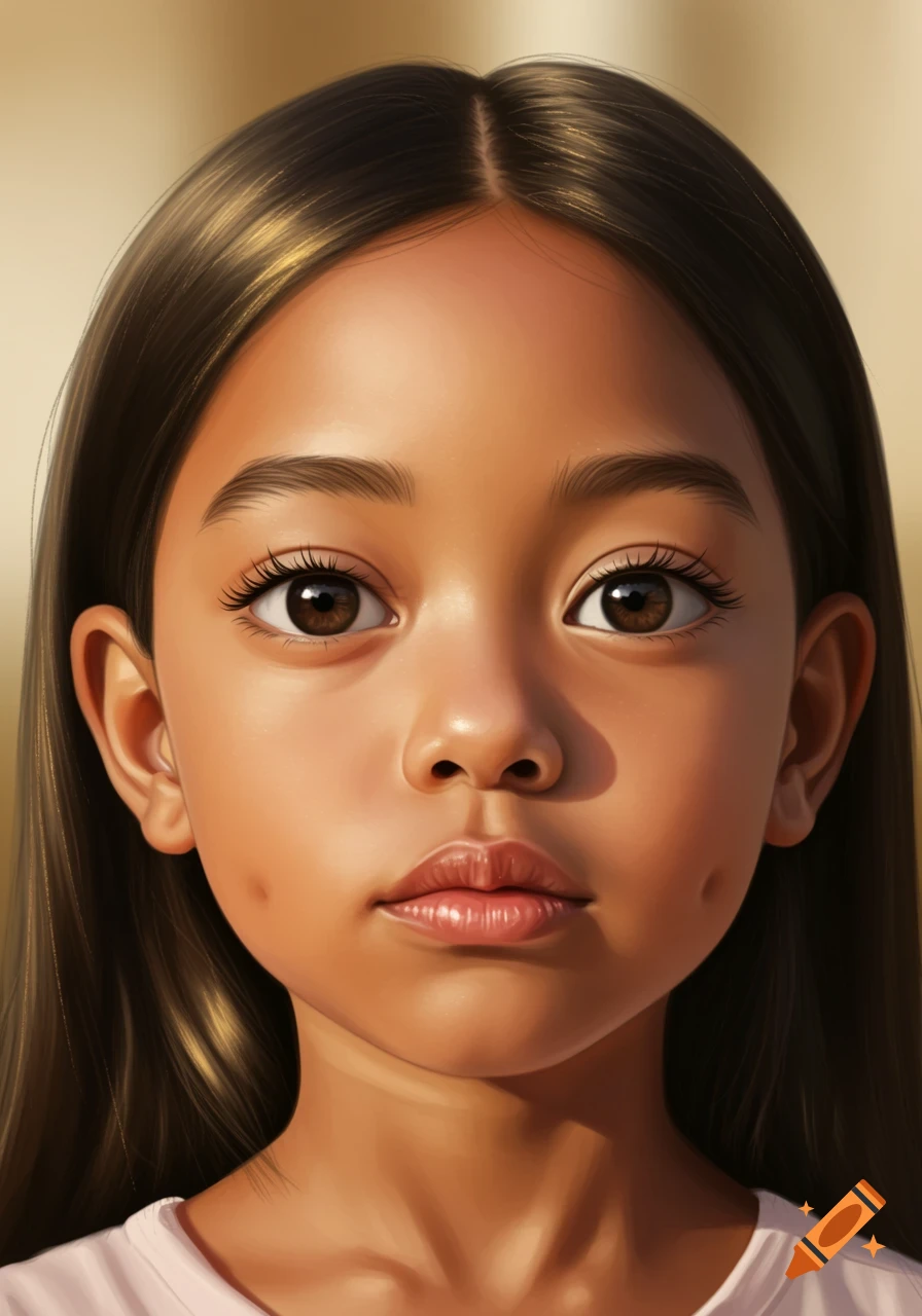 A close-up digital art portrait of a young girl with dimples, dark hair, and brown eyes.