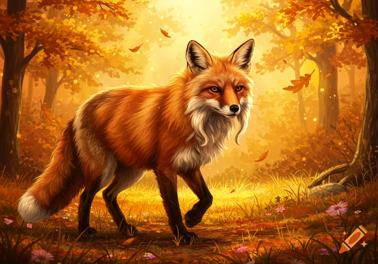 A stylized orange fox with white fur under its chin stands in a vibrant autumn forest with golden leaves falling.