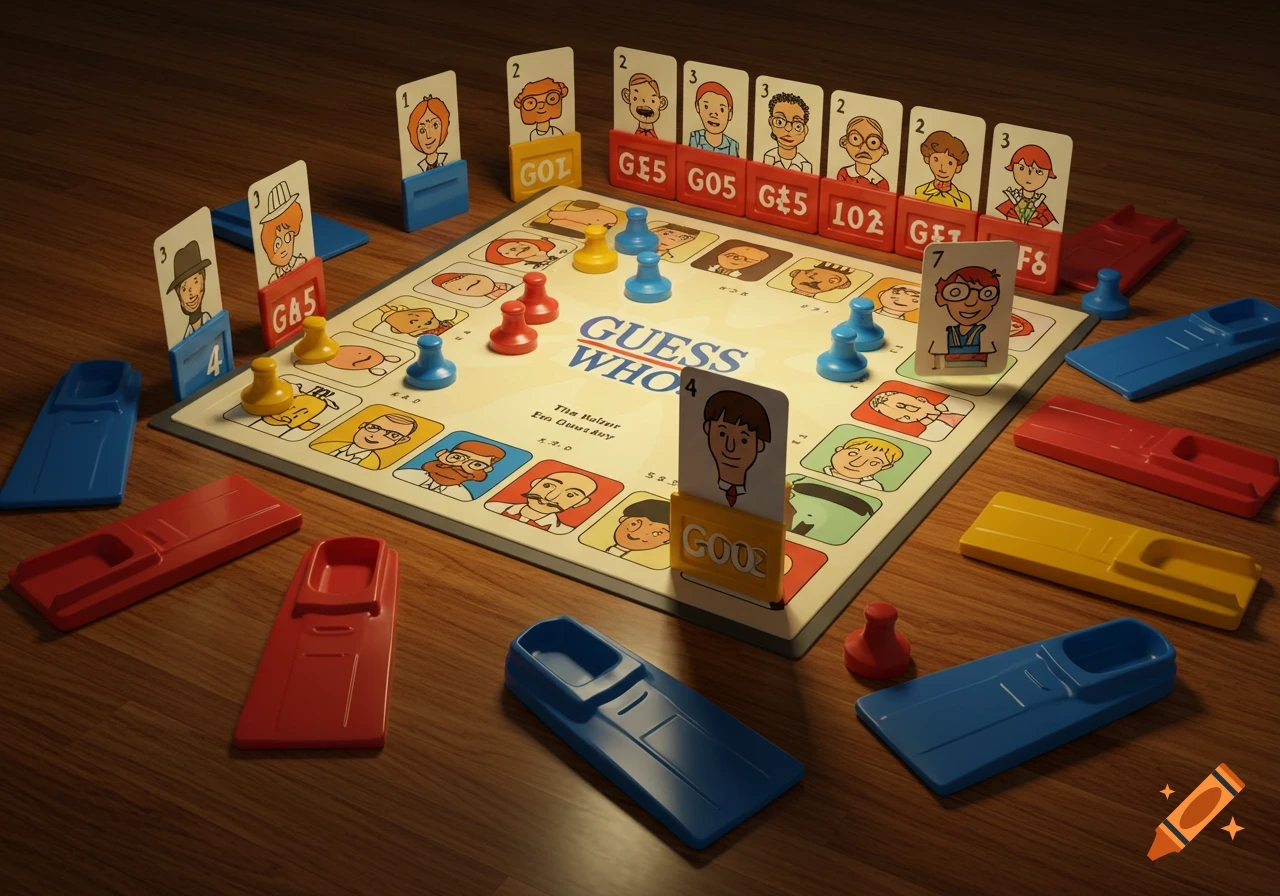 A close-up, high-angle view of a Guess Who? board game set up on a wooden table, with character cards, pawns, and game piece holders.