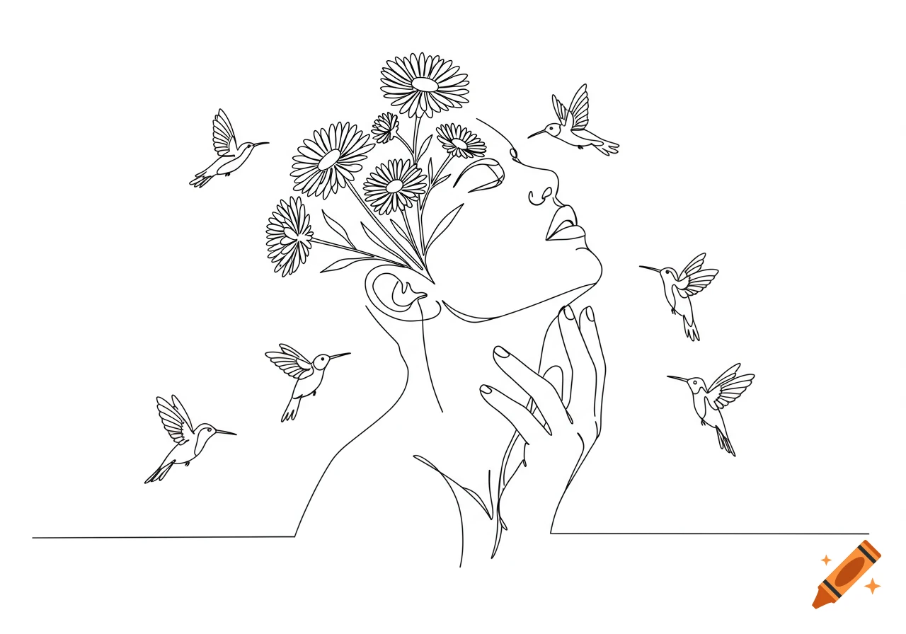 Minimalist continuous line art of a woman's profile with flowers in her hair and hummingbirds flying around her.