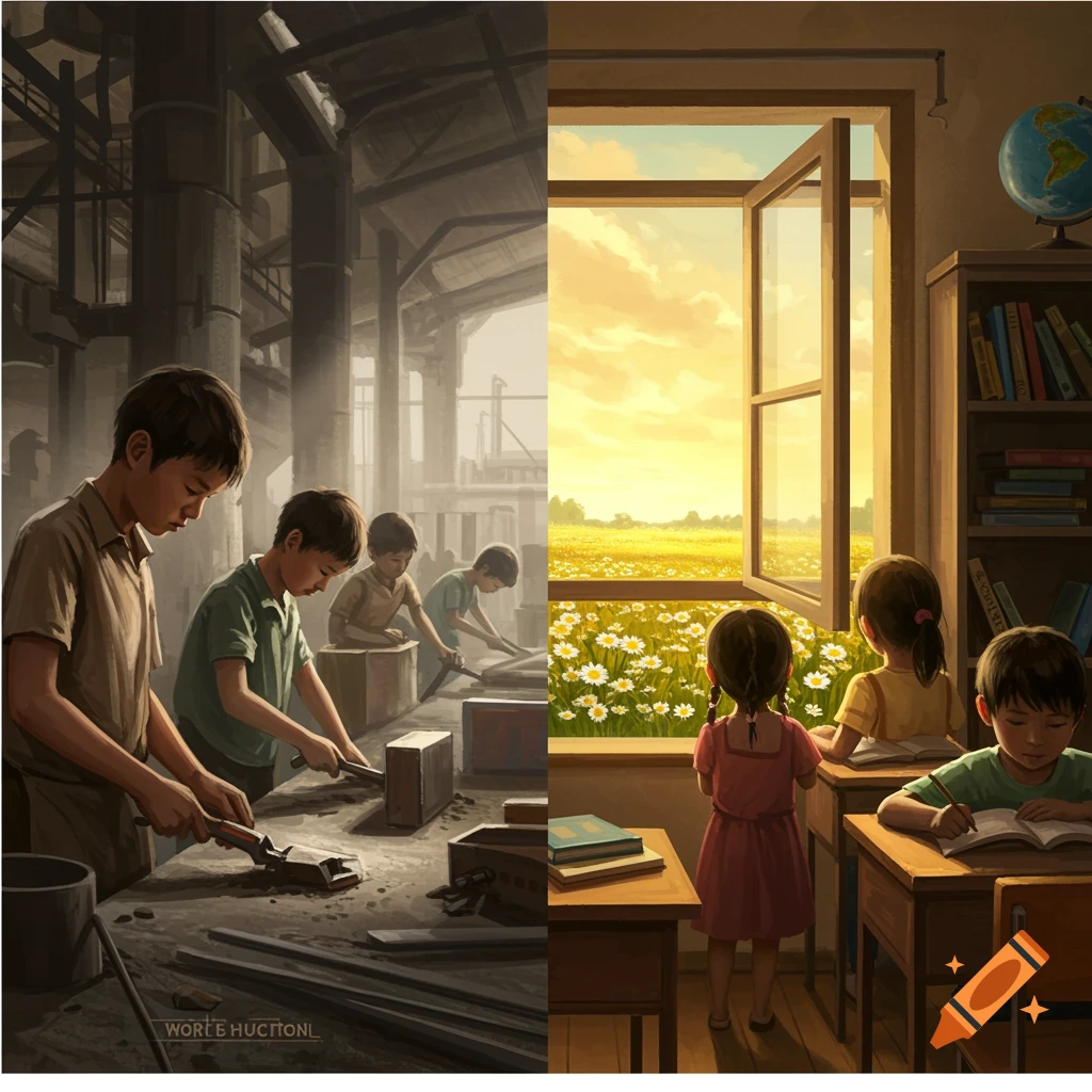 Split illustration: boys doing factory child labor vs. children studying in a sunny classroom with a field view.