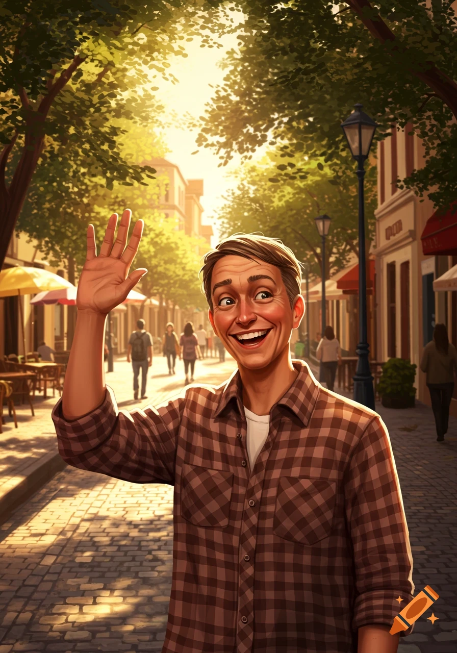 A smiling man in a plaid shirt waves hello on a sunny street, surrounded by trees and buildings in a bright digital illustration.