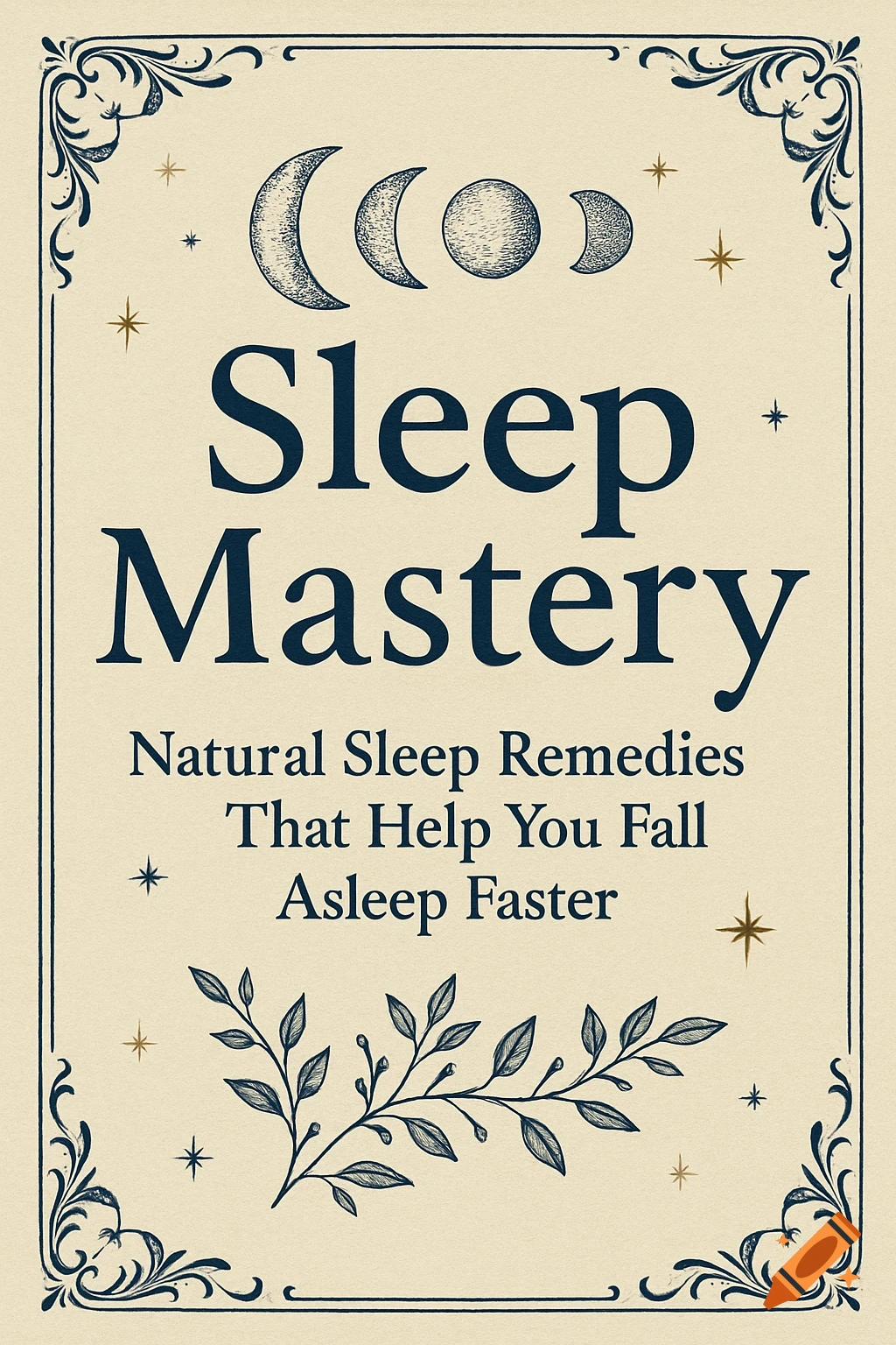 Vintage style book cover for 'Sleep Mastery' with moon phases, stars, and a botanical vine on a cream background.