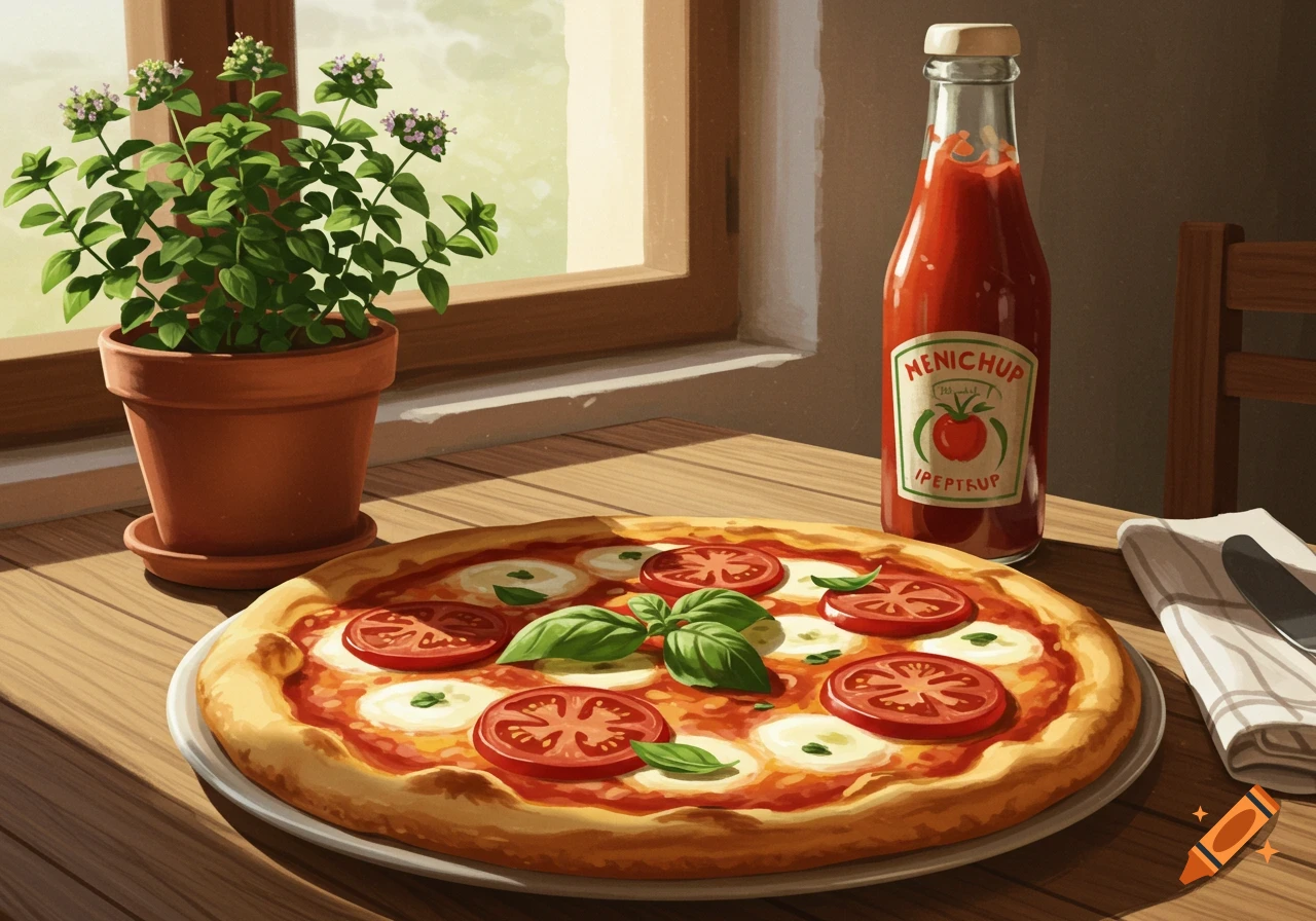 A painterly still life of a fresh pizza Margherita with basil on a wooden table, next to a potted herb plant and a bottle of ketchup, by a window.