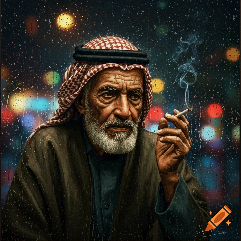 Lifelike portrait of an elderly Arabic man with a beard and headscarf, smoking a cigarette through a rain-soaked window with blurry city lights.