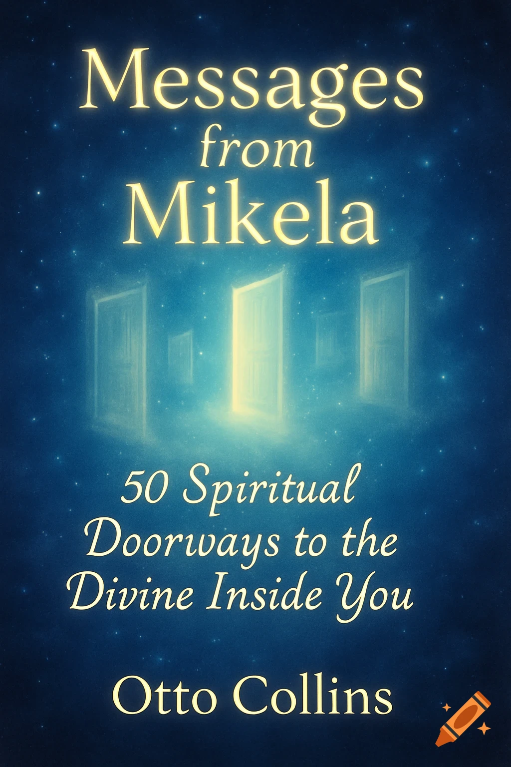 Book cover for 'Messages from Mikela' by Otto Collins, showing glowing doors in a starry, ethereal blue sky.