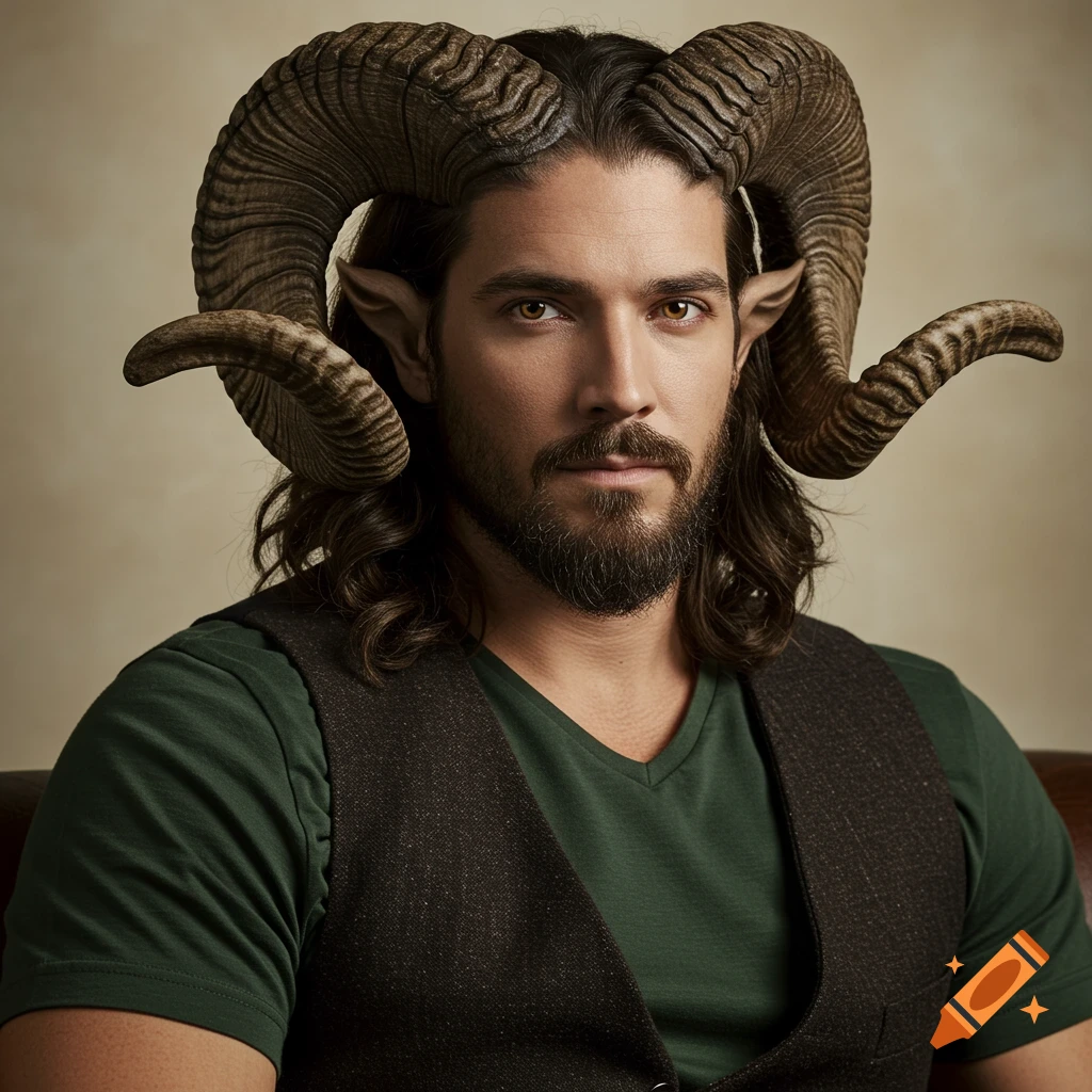 Headshot of a bearded man with long brown hair, ram's horns, and pointed ears, wearing a green t-shirt and brown vest.