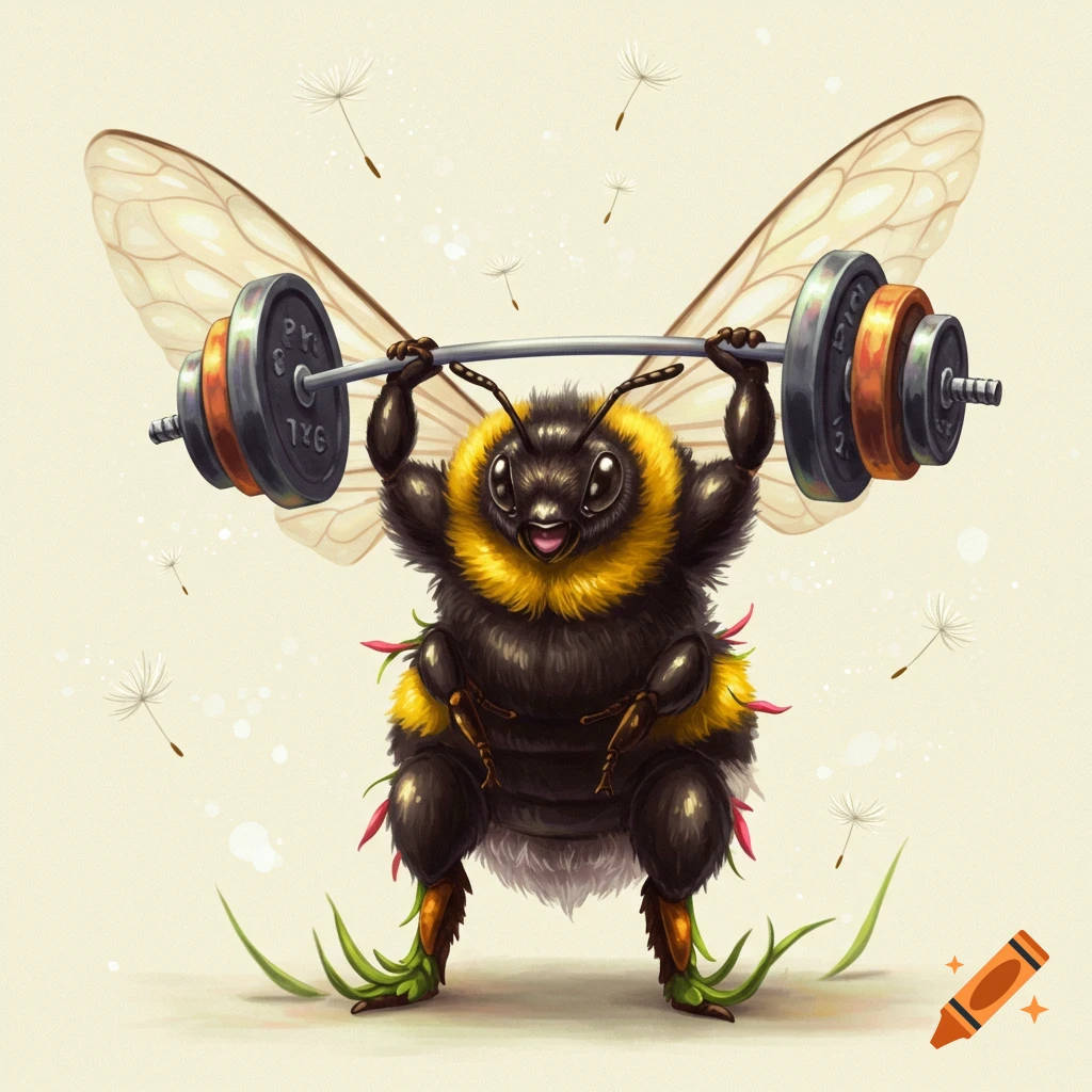 A cute, fuzzy bumblebee cartoonishly powerlifts a heavy barbell overhead, smiling. Dandelion fluff floats around it on a light background.