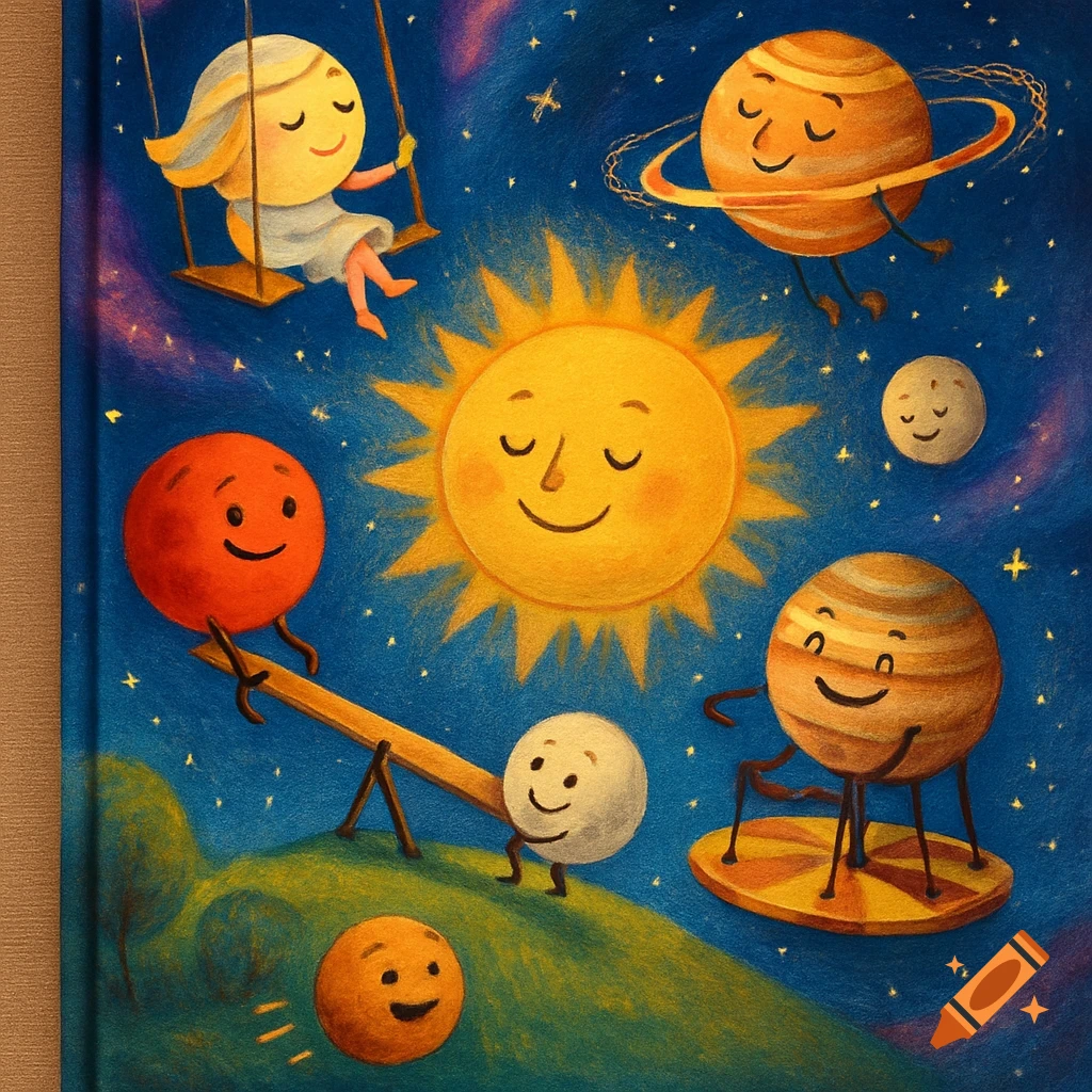 Cartoon-style illustration of smiling celestial bodies and a girl on a swing, set against a starry night sky with a sun and planets.