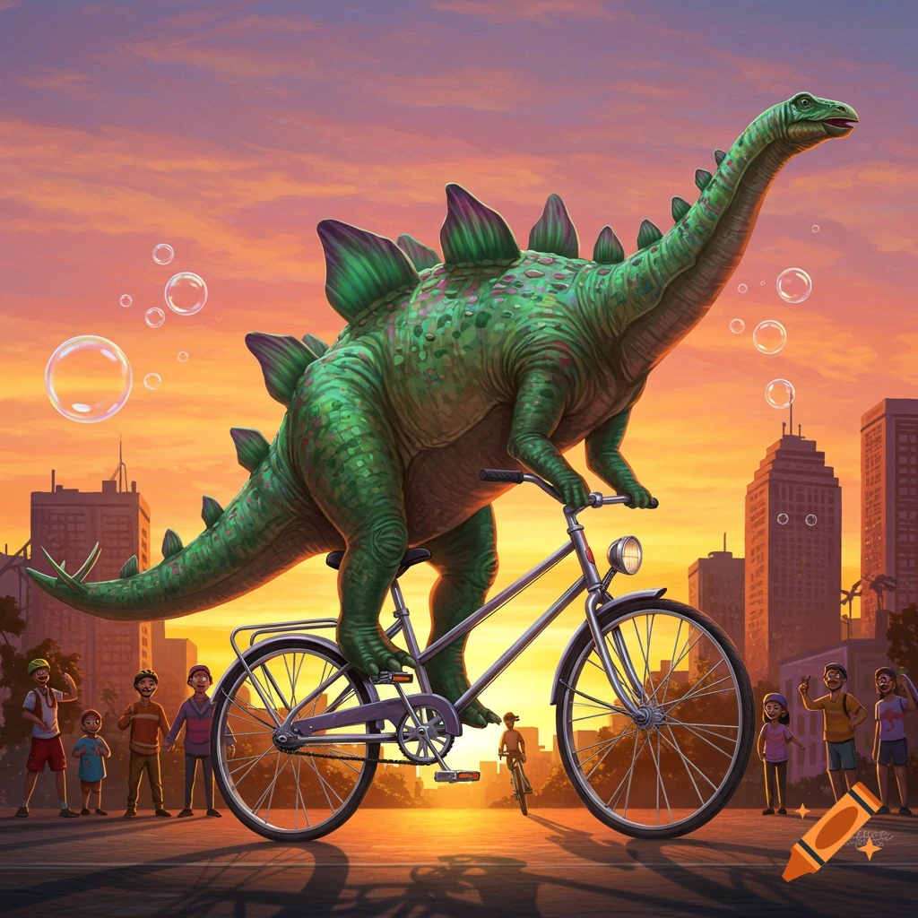 A large green dinosaur rides a bicycle down a city street at sunset, watched by children. Bubbles float in the air.