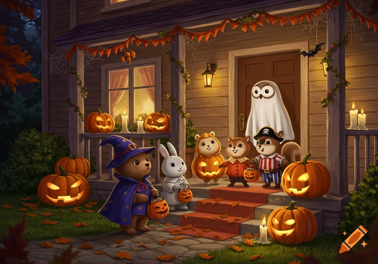 Cute cartoon animals in Halloween costumes trick-or-treating at a decorated house.