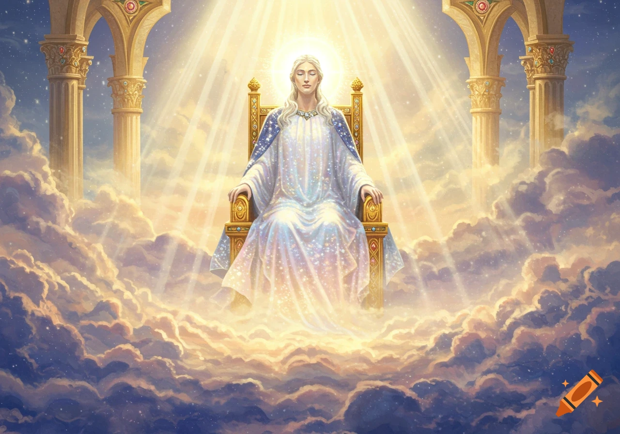 A divine figure on a golden throne, bathed in brilliant light, surrounded by clouds and golden arches in a celestial scene.