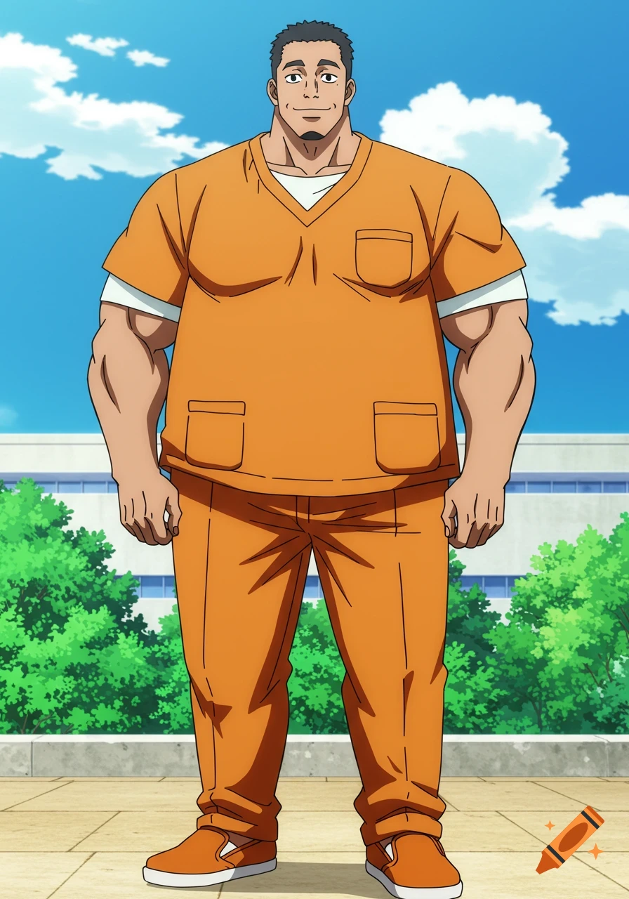 Anime-style man with strong build, orange scrubs, white shirt, and orange slip-on shoes, standing outside with a small smile.