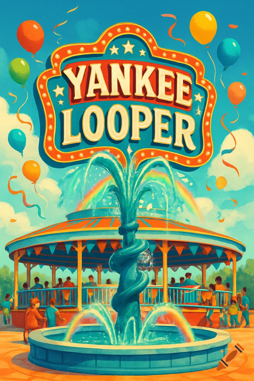 A colorful retro-style poster showing a sign for "YANKEE LOOPER" above a vibrant fountain in a circular amusement park pavilion.