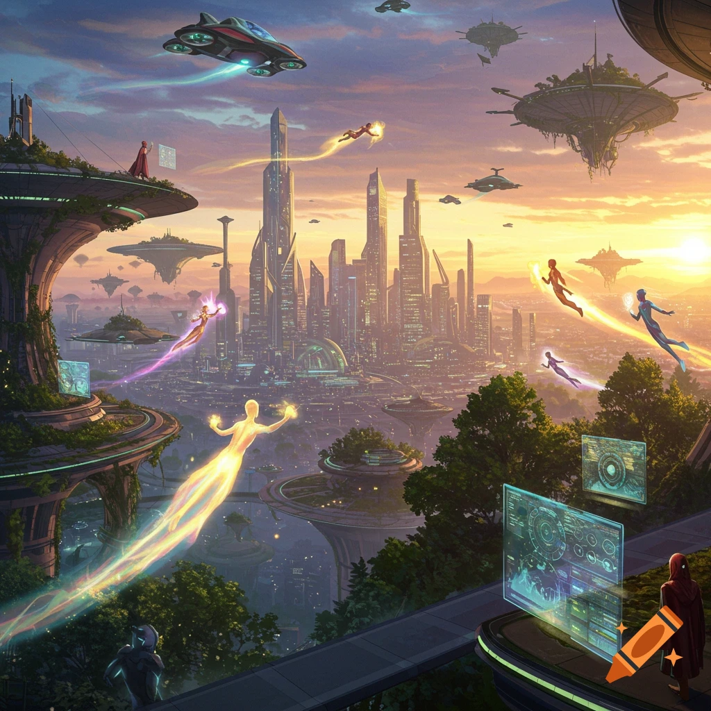 A vibrant futuristic cityscape at sunset, with flying superhumans and vehicles, and lush green platforms.