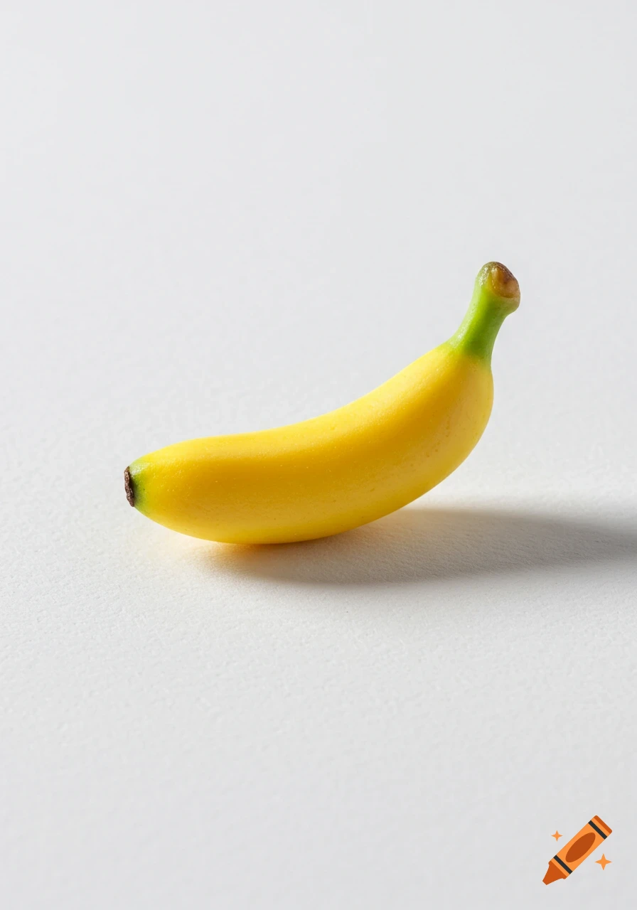 A photorealistic macro shot of a single ripe yellow banana with a green stem on a white background, casting a soft shadow.
