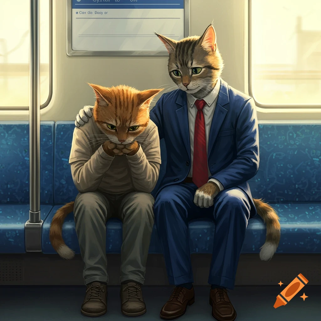 Two anthropomorphic cats on a train. One sad cat in casual clothes is comforted by another cat in a business suit.