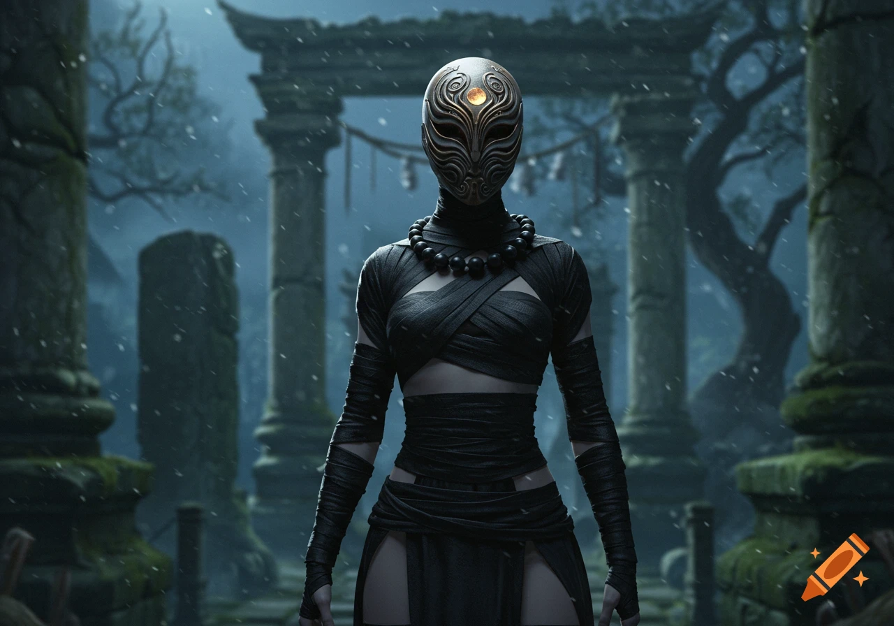 A mysterious masked female fantasy monk in black wrappings stands amidst ancient, snowy ruins and traditional gates under a dark sky.