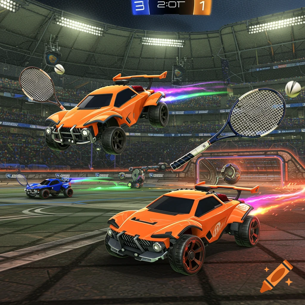 Cartoon-style Rocket League cars with badminton rackets and balls in a stadium, one car flying in the air.