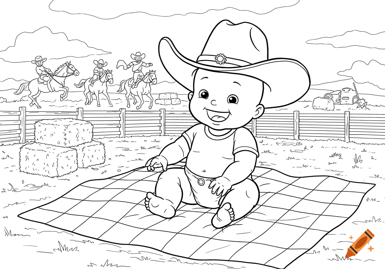 A smiling baby in a cowboy hat sits on a blanket in a black and white line art coloring page, with a rodeo scene, horses, and hay bales in the background.