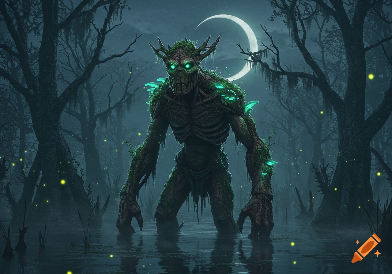A moss-covered swamp monster with glowing eyes stands in a dark, misty swamp under a crescent moon, surrounded by fireflies.