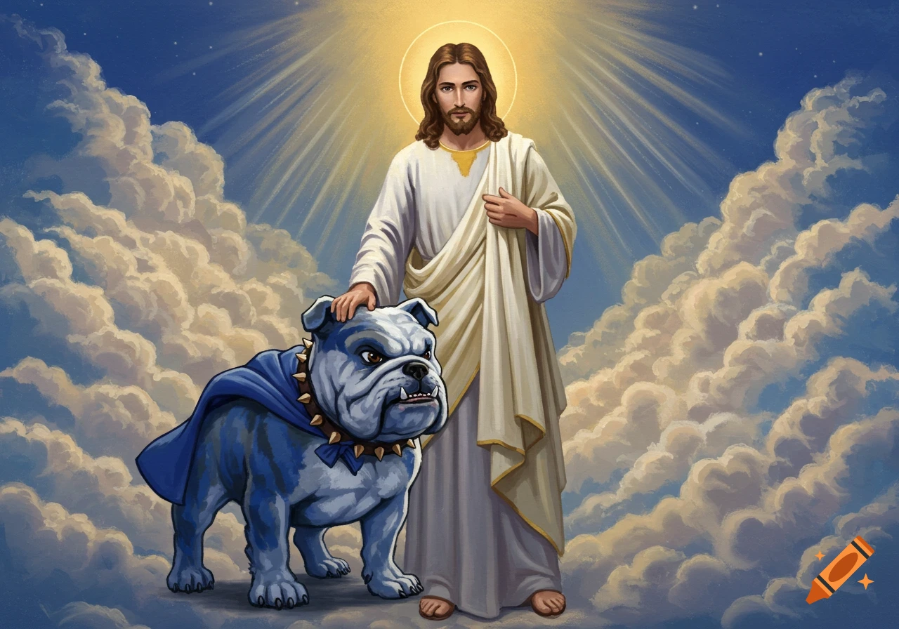 Jesus Christ and a bulldog in a superhero cape standing on clouds with divine light.