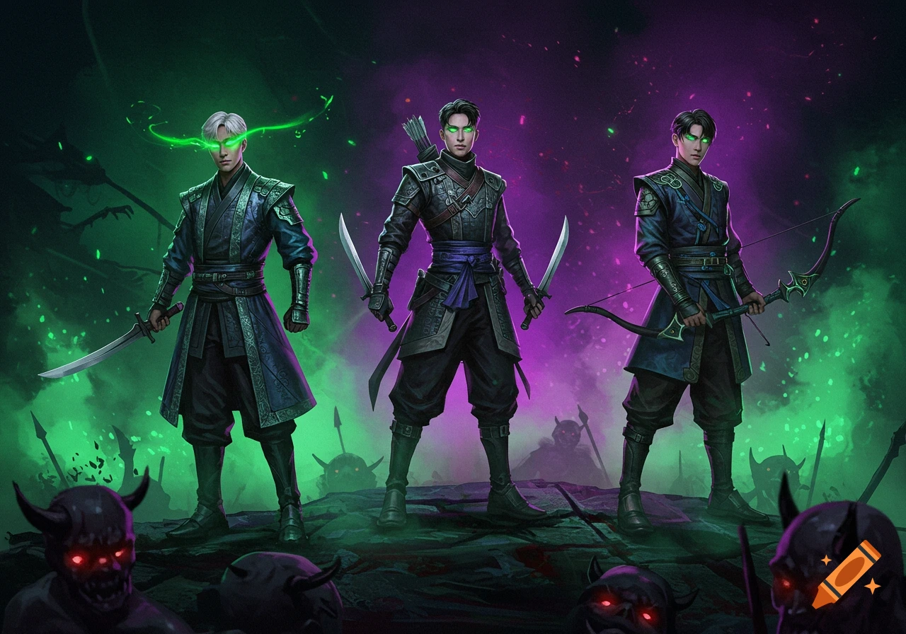 Three demon hunters with glowing green eyes and weapons stand in a misty green and purple landscape with shadowy demons.