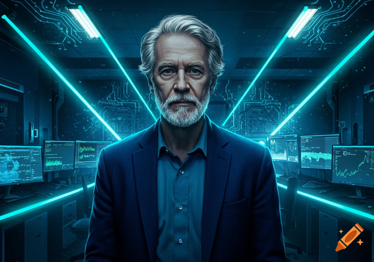 A serious, grey-bearded man in a blue suit stands in a dark, futuristic server room with glowing blue circuit patterns and monitors.