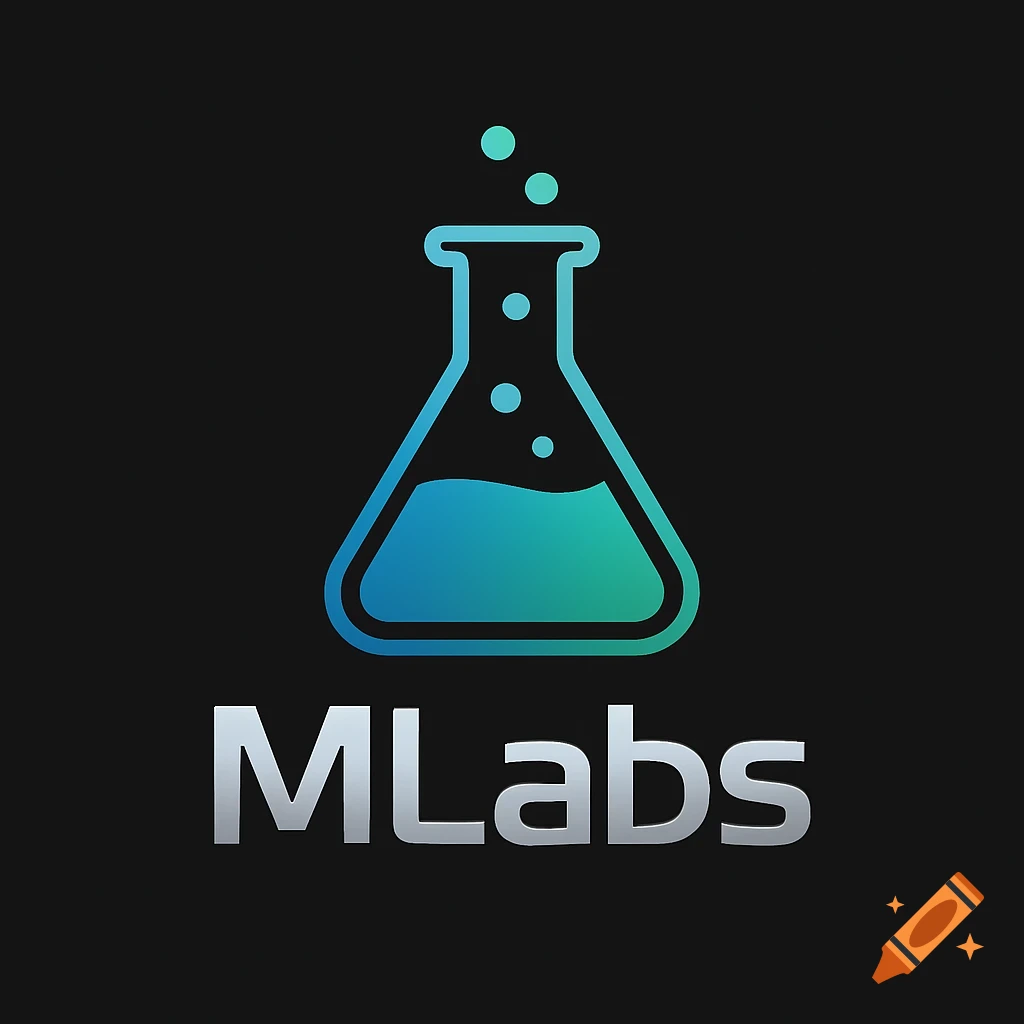 A logo featuring a gradient blue-green outline of a laboratory flask with bubbles above the metallic text 'MLabs' on black.