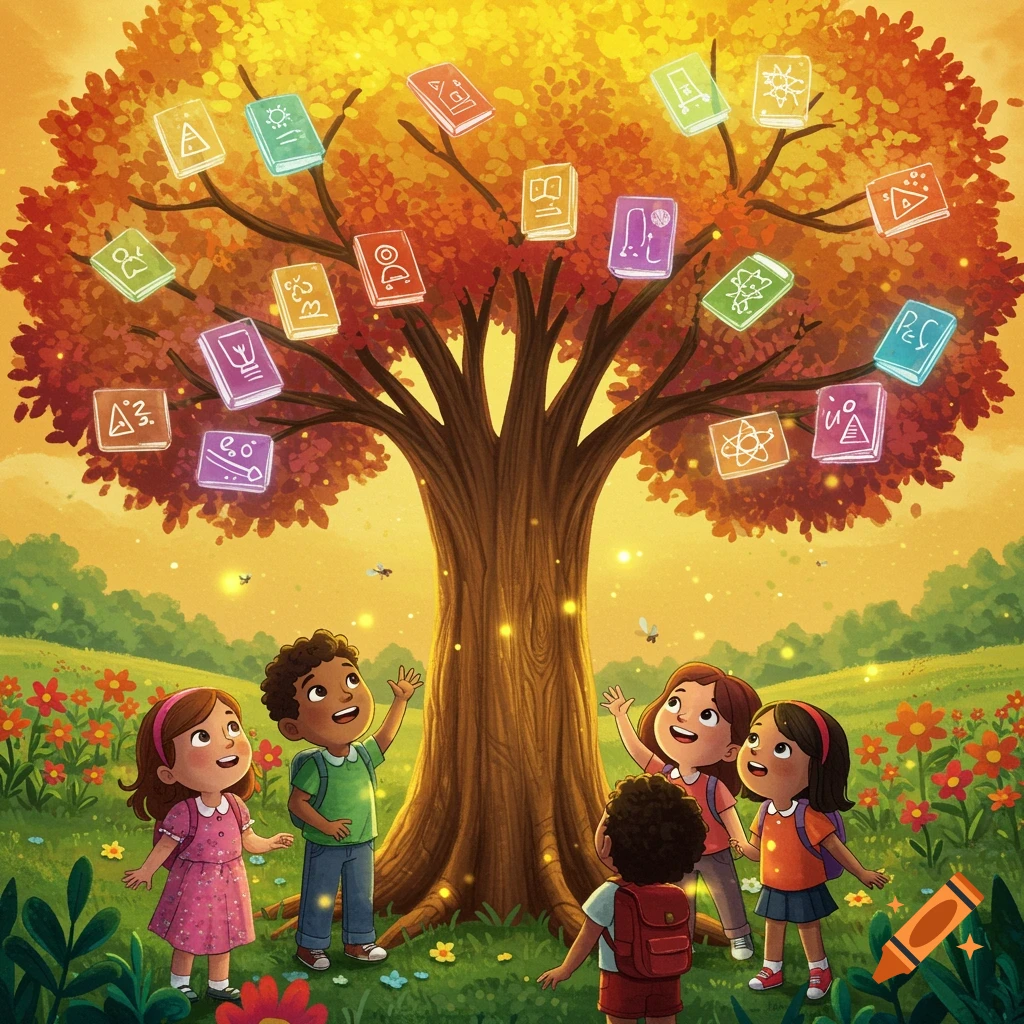 Illustration of diverse children looking up at a tree with glowing books and symbols representing knowledge, in a vibrant meadow.
