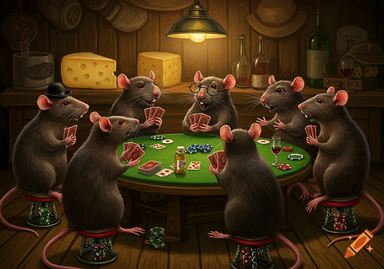 Six anthropomorphic rats play cards at a green table in a dimly lit, stylized painting.