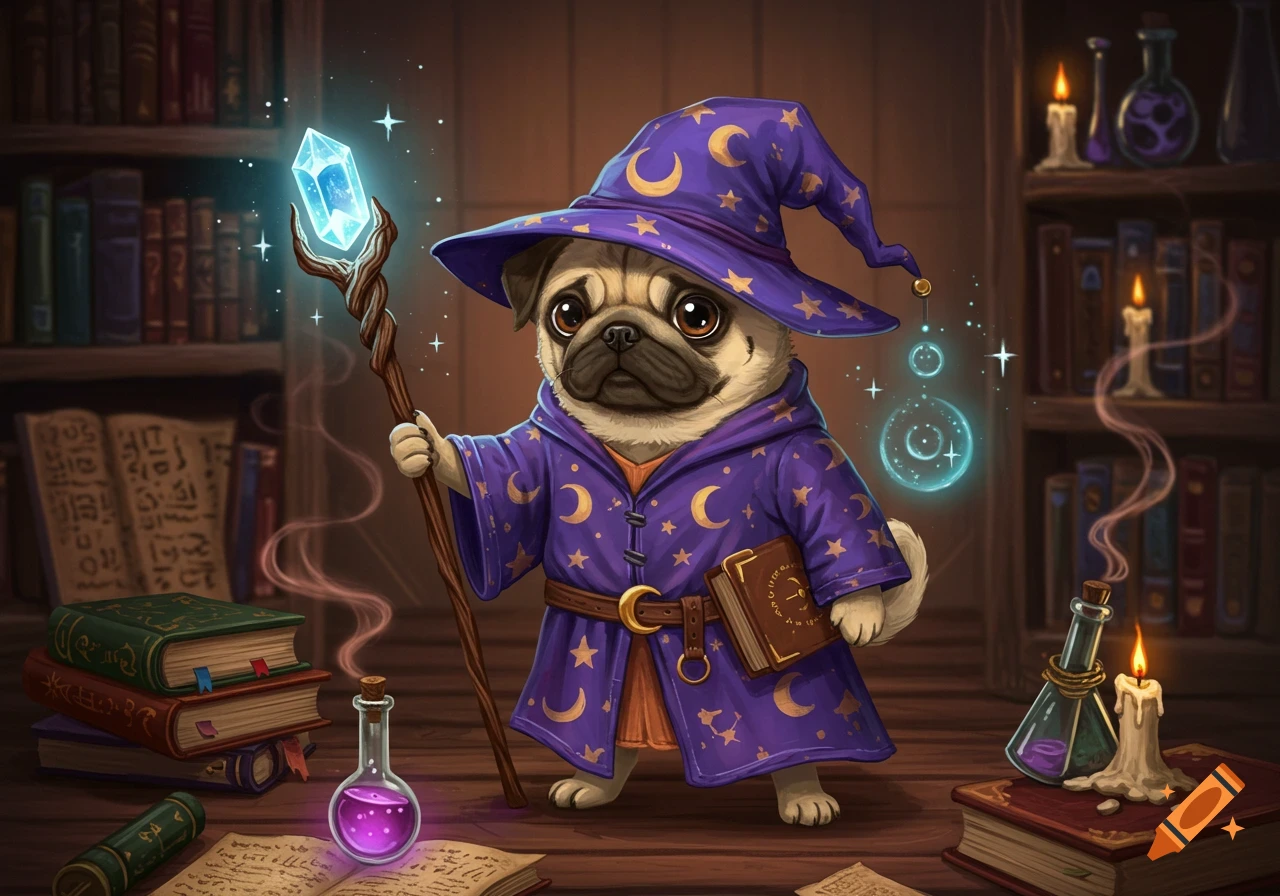 A cute pug dressed as a wizard, holding a glowing crystal staff, stands in a magical library with open spellbooks and potions.