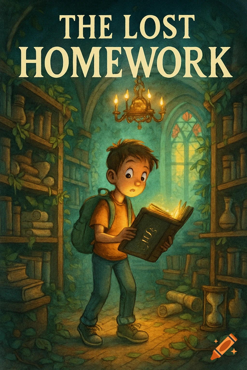 An illustration of a boy with a backpack looking intently at a glowing book in a dusty, vine-covered library, with 'THE LOST HOMEWORK' title above.