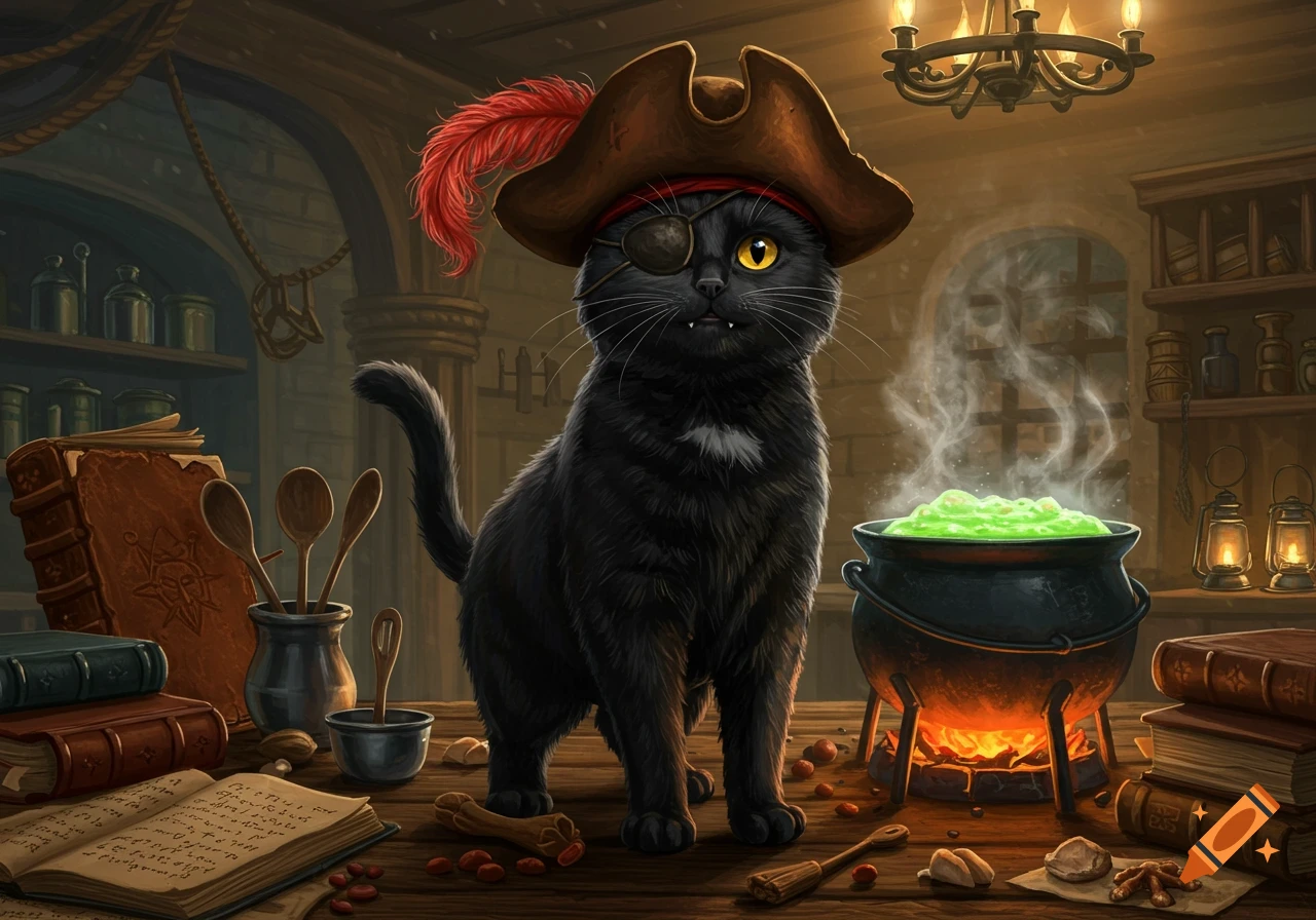 A black cat in a pirate hat and eye patch stands next to a bubbling green cauldron in a dimly lit, cluttered wizard's workshop, surrounded by old books and alchemy tools.