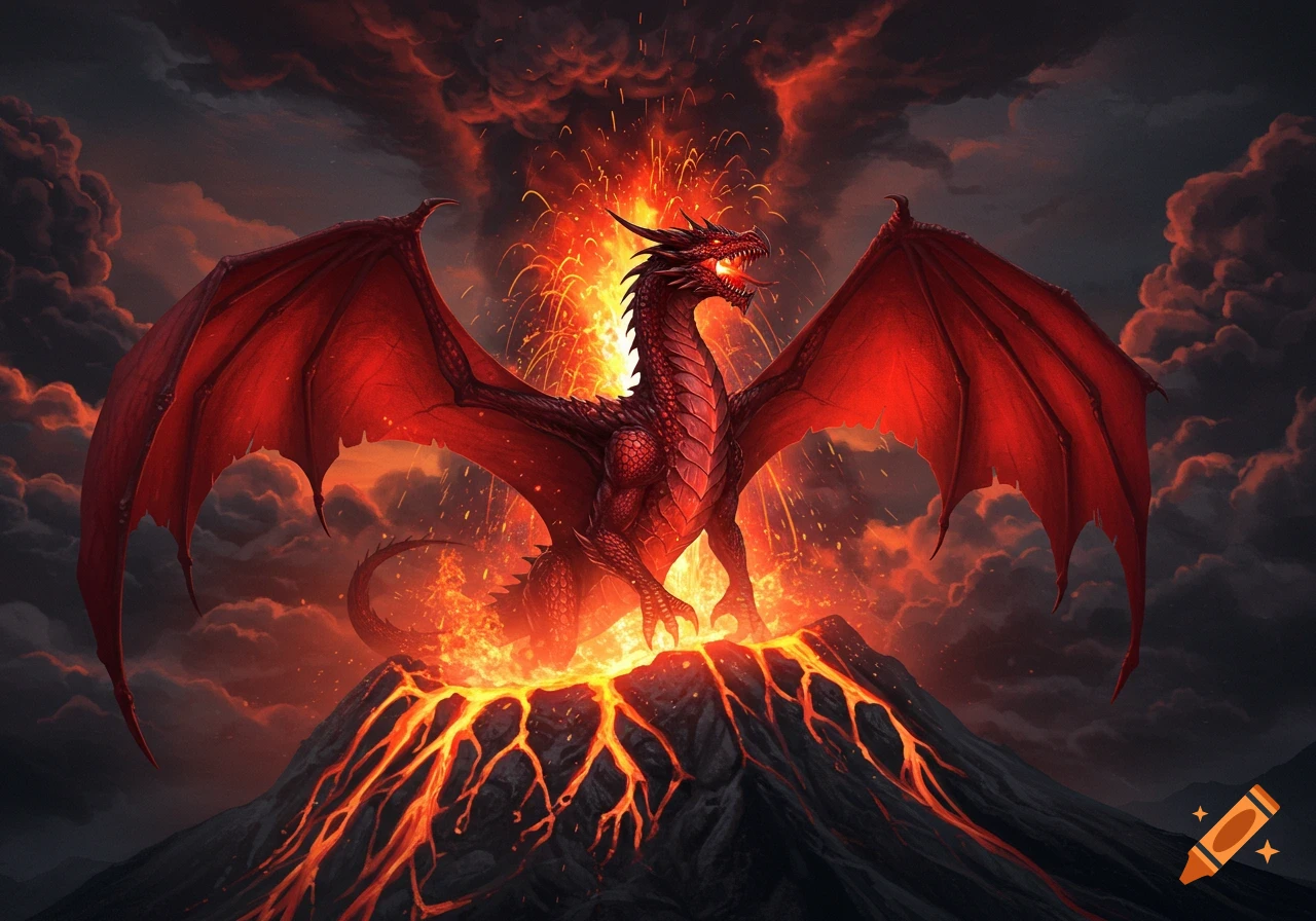 A majestic red dragon with wide wings stands on an erupting volcano, surrounded by fire, lava, and smoke.