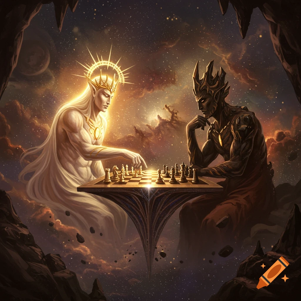 A radiant god of light and a dark god of shadows play chess on a floating board in a cosmic, cave-like setting.
