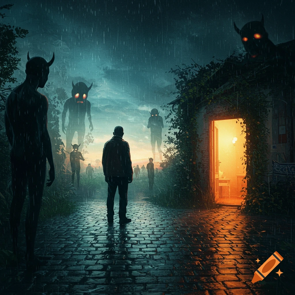A man on a rainy cobblestone path surrounded by shadowy horned figures, facing a warmly lit doorway. Dark fantasy art.