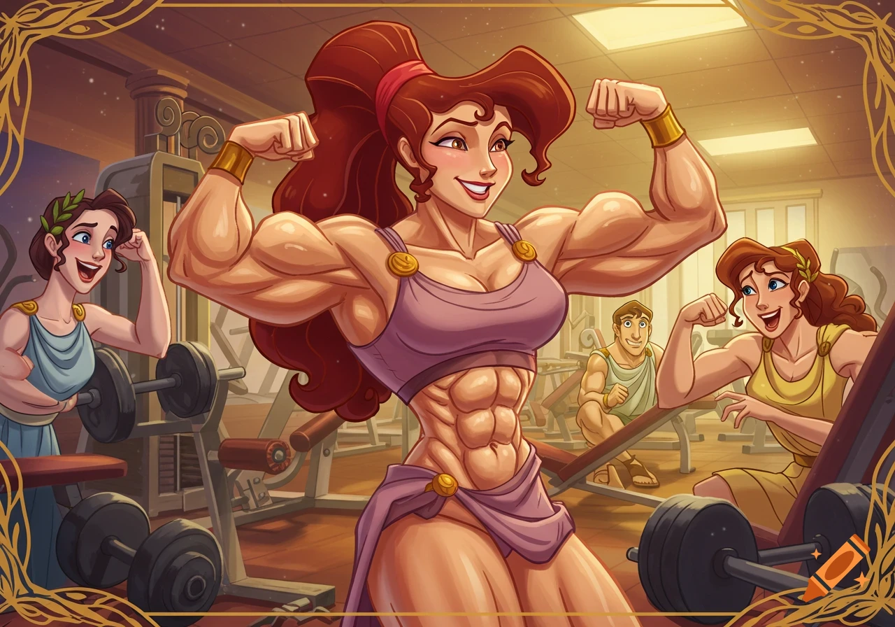 Cartoon of a muscular Megara flexing her biceps and abs in a gym, with Hercules and another woman looking on.